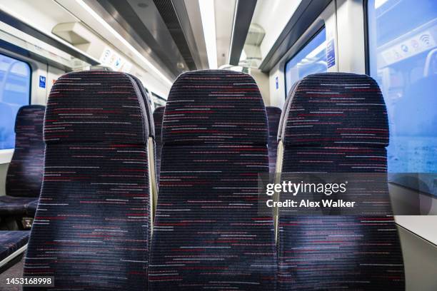 modern passenger train interior, uk - strike protest action stock pictures, royalty-free photos & images