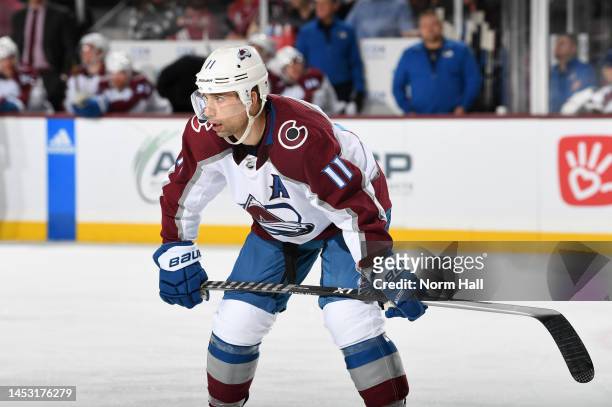 Andrew Cogliano of the Colorado Avalanche gets ready during a face off against the Arizona Coyotes at Mullett Arena on December 27, 2022 in Tempe,...
