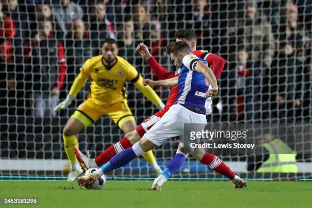 Ryan Hedges of Blackburn Rovers scores their side's first goal past Zack Steffen of Middlesbrough during the Sky Bet Championship between Blackburn...