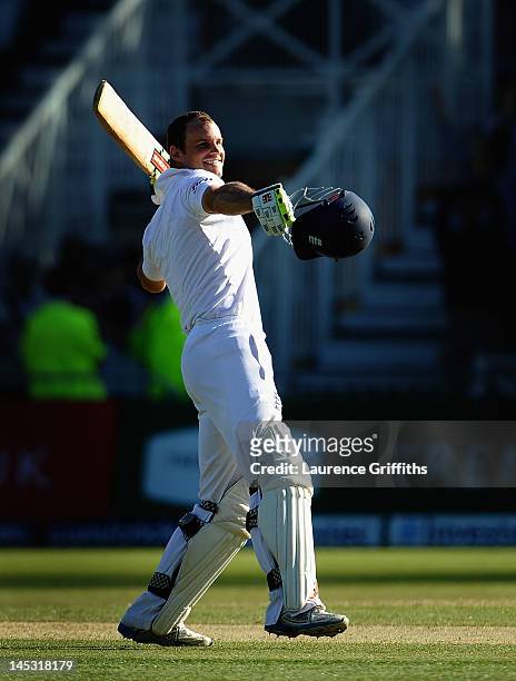 Andrew Strauss of England celebrates his century during the Second Investec Test match between England and West Indies at Trent Bridge on May 26,...