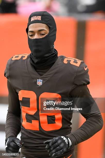 Greedy Williams of the Cleveland Browns runs onto the field at halftime against the New Orleans Saints at FirstEnergy Stadium on December 24, 2022 in...