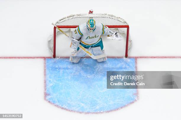 James Reimer of the San Jose Sharks in net during the first period of their NHL game against the Vancouver Canucks at Rogers Arena on December 27,...