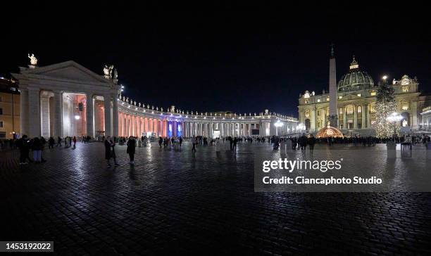 Night view of St. Peter's Basilica with the nativity scene and the Christmas tree in Vatican City on December 29, 2022 in Rome, Italy.