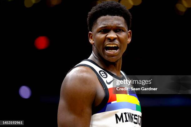 Anthony Edwards of the Minnesota Timberwolves reacts to a call during the third quarter of an NBA game against the New Orleans Pelicans at Smoothie...