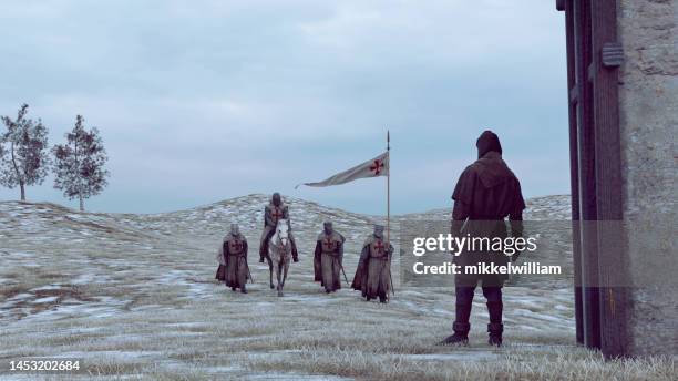 medieval soldiers encounter a peasent near a farm house - knight person stock pictures, royalty-free photos & images