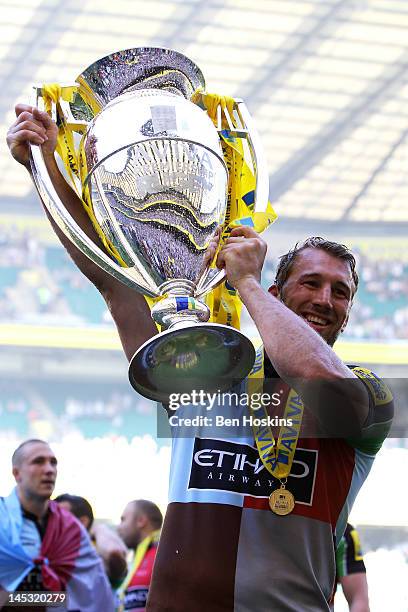 Harlequins captain Chris Robshaw lifts the trophy following his team's victory during the Aviva Premiership final between Harlequins and Leicester...