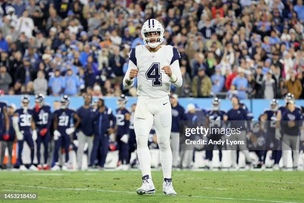 Dak Prescott of the Dallas Cowboys celebrates a touchdown against the Tennessee Titans during the first quarter of the game at Nissan Stadium on...