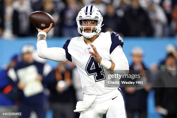 Dak Prescott of the Dallas Cowboys looks to throw a pass against the Tennessee Titans during the first quarter of the game at Nissan Stadium on...