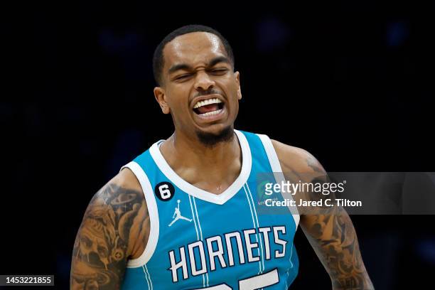 Washington of the Charlotte Hornets reacts following a three point basket during the fourth quarter of the game against the Oklahoma City Thunder at...
