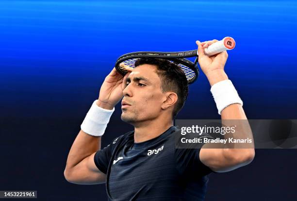 Thiago Monteiro of Brazil reacts after losing a point in his match against Matteo Berrettini of Italy during day two of the 2023 United Cup at Pat...