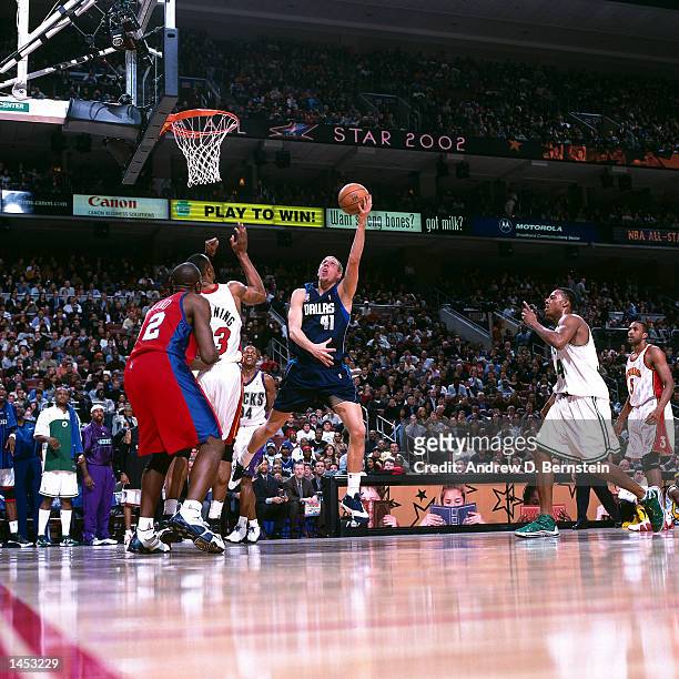 Dirk Nowitzki of the Dallas Mavericks goes for a hook shot during the 2002 NBA All Star Game at the First Union Center in Philadelphia, Pennsylvania....