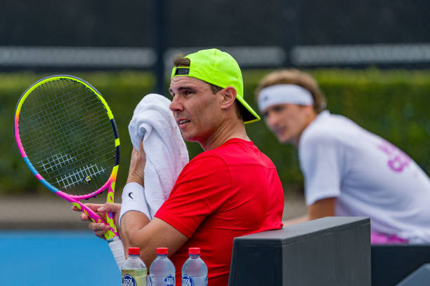 Rafael Nadal of Spain practices with Alexander Zverev of Germany during day two of the 2023 United Cup at Ken Rosewall Arena on December 30, 2022 in...