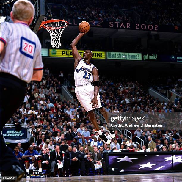 Michael Jordan of the Washington Wizards goes for a dunk during the 2002 NBA All Star Game at the First Union Center in Philadelphia, Pennsylvania....