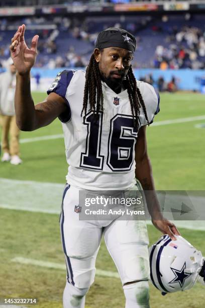 Hilton of the Dallas Cowboys runs off the field after defeating the Tennessee Titans with a score of 27 to 13 in the game at Nissan Stadium on...