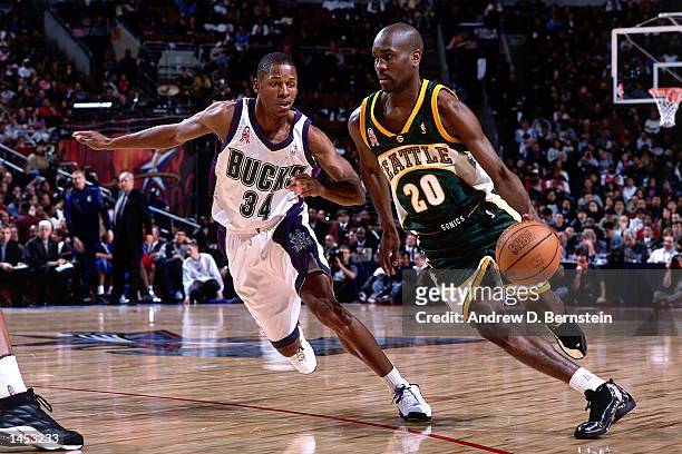 Gary Payton of the Seattle SuperSonics drives during the 2002 NBA All Star Game at the First Union Center in Philadelphia, Pennsylvania. NOTE TO...