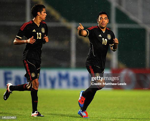 Marco Fabian of Mexico celebrates his goal during the Toulon Tournament Group B match between France and Mexico at the Stade du Ray on May 26, 2012...