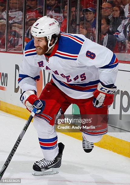 Brandon Prust of the New York Rangers skates against the New Jersey Devils in Game Six of the Eastern Conference Final during the 2012 NHL Stanley...