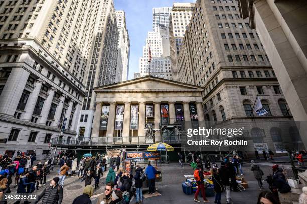 View of Federal Hall on Wall Street during renovation in Downtown Manhattan on December 29, 2022 in New York City. In 1789 President George...
