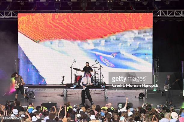Ashton Hardman-Le Cornu, Caleb Harper, Kieran Lama and Peppa Lane of Spacey Jane perform on stage during Falls Festival Melbourne at Sidney Myer...