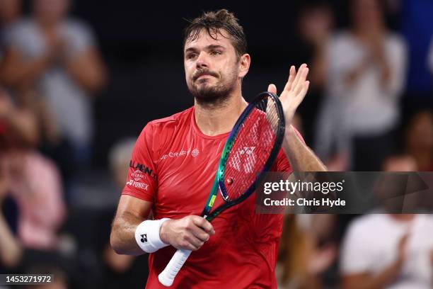 Stan Wawrinka of Switzerland celebrates winninghis match against Alexander Bublik of Kazakhstan during day two of the 2023 United Cup at Pat Rafter...