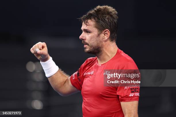 Stan Wawrinka of Switzerland celebrates winninghis match against Alexander Bublik of Kazakhstan during day two of the 2023 United Cup at Pat Rafter...