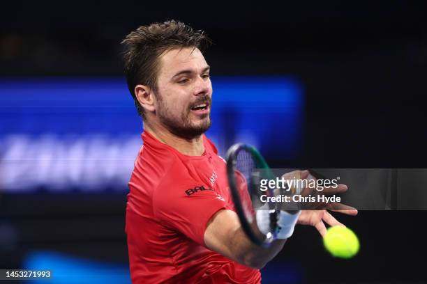 Stan Wawrinka of Switzerland plays a forehand in his match against Alexander Bublik of Kazakhstan during day two of the 2023 United Cup at Pat Rafter...