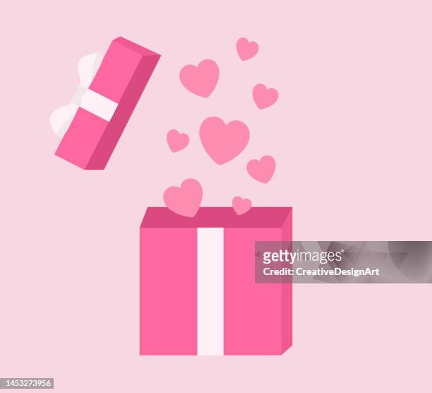 offene geschenkbox mit flying pink hearts.valentinstag konzept - gift box tag stock-grafiken, -clipart, -cartoons und -symbole