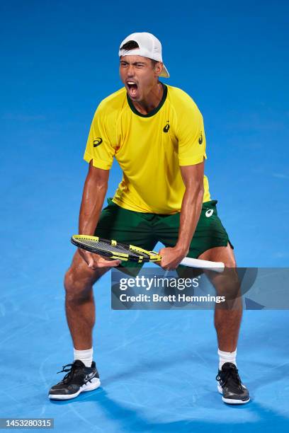 Jason Kubler of Australia celebrates victory in the Group D match against Daniel Evans of Great Britain during day two of the 2023 United Cup at Ken...
