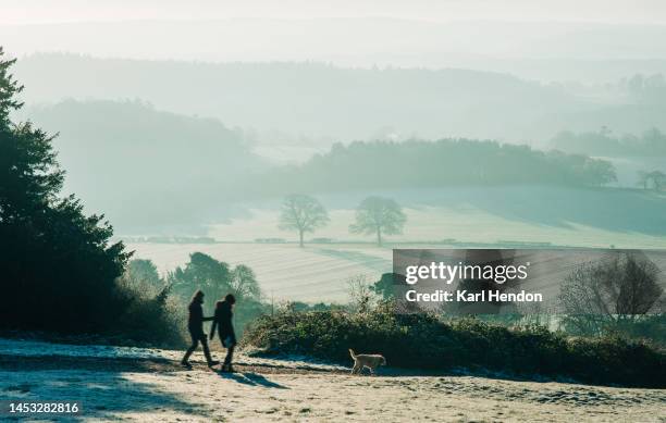 surrey hills at sunrise during heavy frost - guildford stock pictures, royalty-free photos & images