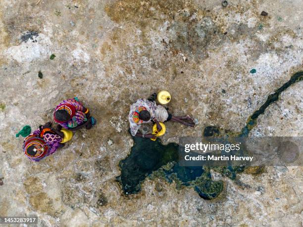 climate change,drought,water crisis.aerial view.african woman collecting water in plastic containers from a volcanic spring, turkana region, kenya - scarce imagens e fotografias de stock