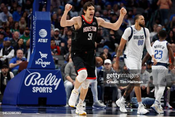 Boban Marjanovic of the Houston Rockets reacts after a basket in the game against the Dallas Mavericks at American Airlines Center on December 29,...