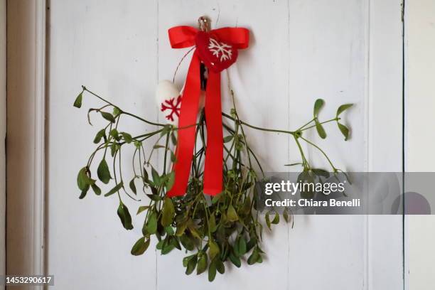 mistletoe with red ribbon - mistel stock-fotos und bilder