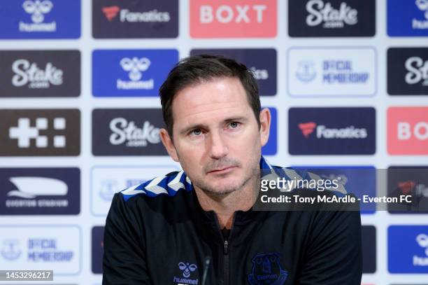 Frank Lampard speaks to the media during the Everton press conference at Finch Farm on December 30, 2022 in Halewood, England.