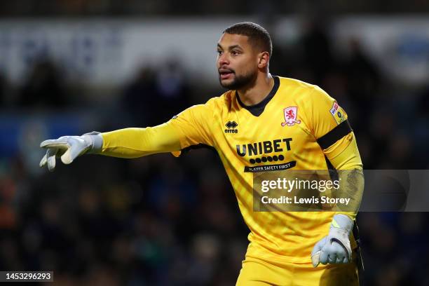 Zack Steffen of Middlesbrough reacts during the Sky Bet Championship between Blackburn Rovers and Middlesbrough at Ewood Park on December 29, 2022 in...