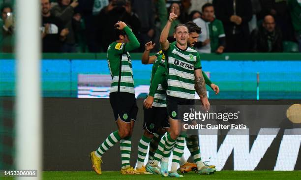 Nuno Santos of Sporting CP celebrates with teammates after scoring a goal during the Liga Bwin match between Sporting CP and Pacos de Ferreira at...