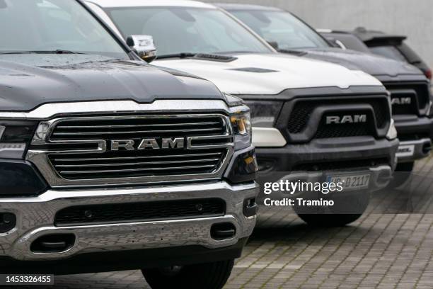 ram pick-up vehicles on a parking - vehicle grille stock pictures, royalty-free photos & images