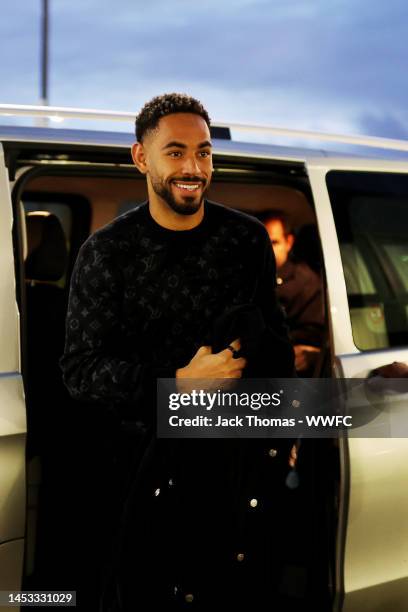 Wolverhampton Wanderers new signing Matheus Cunha arrives at The Sir Jack Hayward Training Ground on December 21, 2022 in Wolverhampton, England.