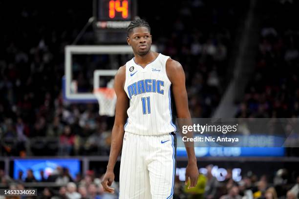 Mo Bamba of the Orlando Magic looks on against the Detroit Pistons at Little Caesars Arena on December 28, 2022 in Detroit, Michigan. NOTE TO USER:...