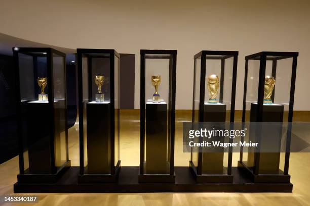 Brazil's five World Cup trophies displayed at the CBF Museum on December 30, 2022 in Rio de Janeiro, Brazil. Brazilian football icon Edson Arantes do...