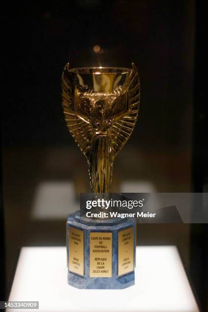 Detail of a World Cup trophy displayed at CBF Museum on December 30, 2022 in Rio de Janeiro, Brazil. Brazilian football icon Edson Arantes do...