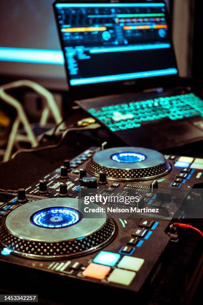 sound mixer on dj's table - dj table stock pictures, royalty-free photos & images