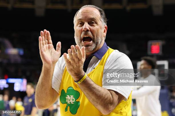 Head coach Mike Brey of the Notre Dame Fighting Irish reacts prior to the game against the Marquette Golden Eagles at the Purcell Pavilion at the...