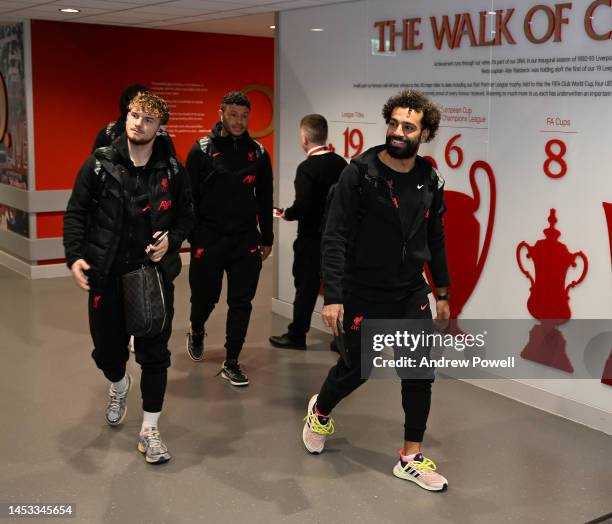 Mohamed Salah, Harvey Elliott and Alex Oxlade-Chamberlain of Liverpool arriving before the Premier League match between Liverpool FC and Leicester...