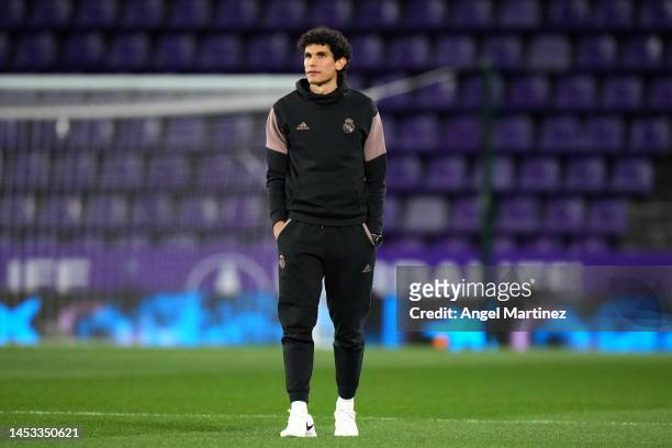 Jesus Vallejo of Real Madrid inspects the pitch prior to the LaLiga Santander match between Real Valladolid CF and Real Madrid CF at Estadio...