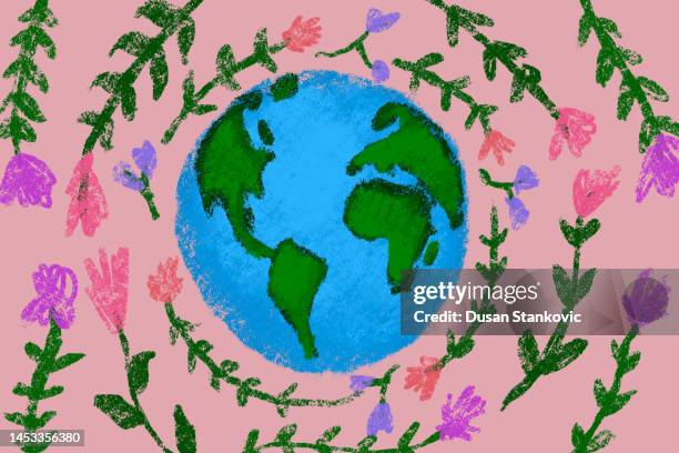 earth day 2023 - flowers chalk drawings stock illustrations