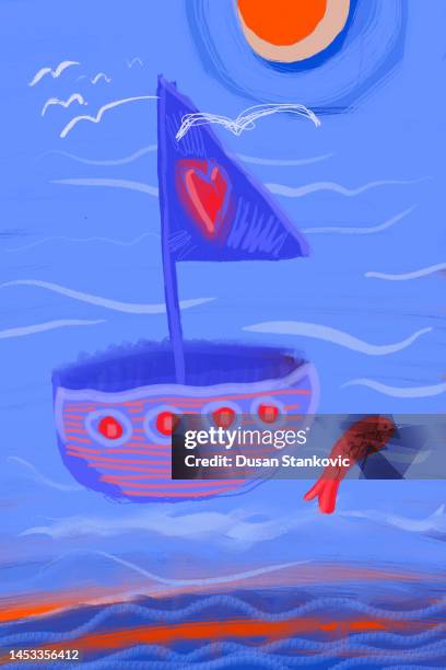 creative children's drawing of a ship - informal trader stock illustrations
