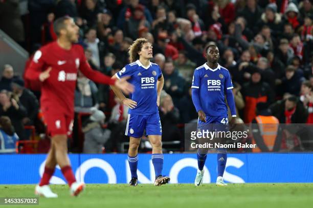 Wout Faes of Leicester City reacts after scoring an own goal during the Premier League match between Liverpool FC and Leicester City at Anfield on...