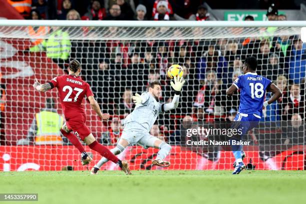 Darwin Nunez of Liverpool sees his shot go past Danny Ward of Leicester City and hit the post as Wout Faes of Leicester City meets the off the post...