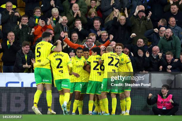 Adam Idah of Norwich City celebrates scoring the opening goal during the Sky Bet Championship match between Norwich City and Reading at Carrow Road...