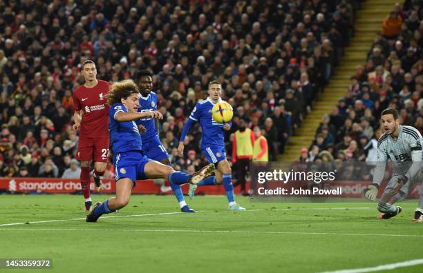 Leicester Citys W.Faes Scores his first owen goal during the Premier League match between Liverpool FC and Leicester City at Anfield on December 30,...